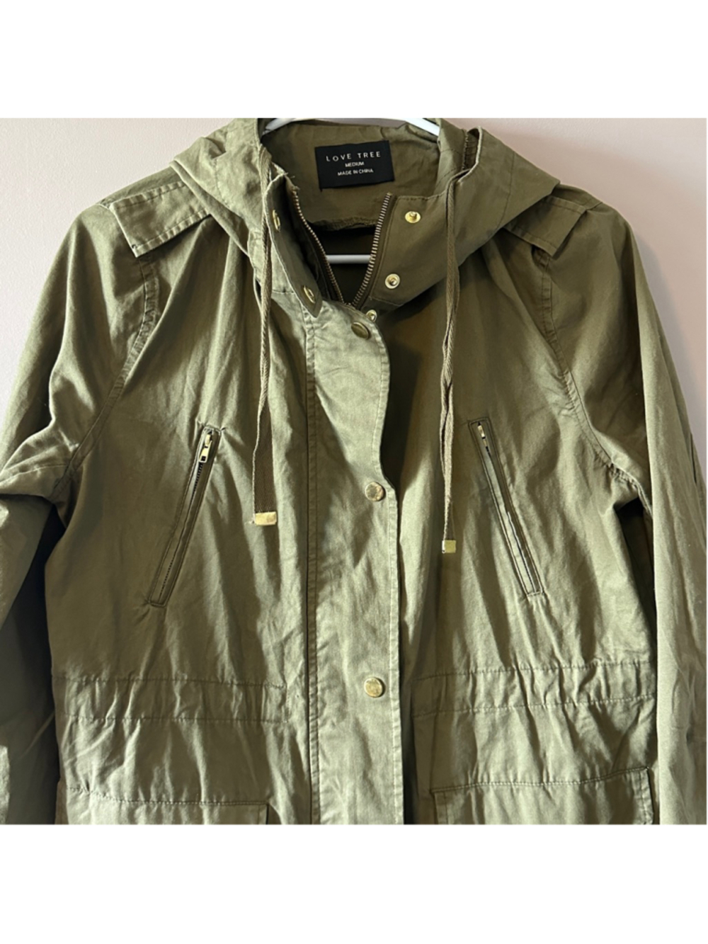 Women’s Love Tree Olive Green Hooded Utility Jacket Size M Cotton Military Parka - Picture 3 of 10
